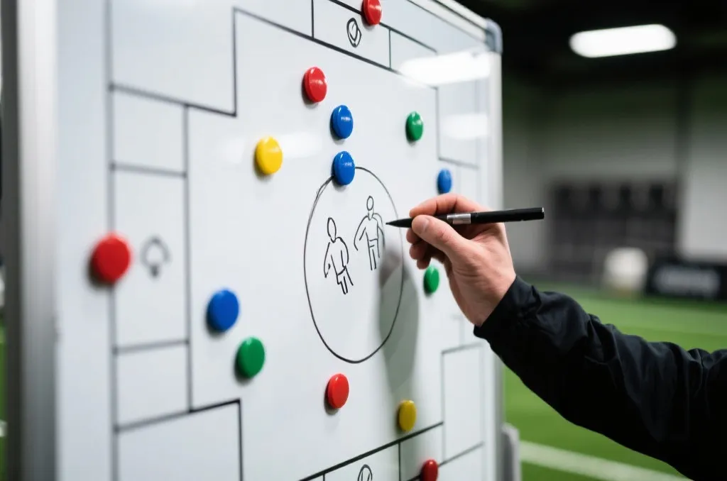 A close-up of a tactical board with magnetic player markers, coach's hand sketching a strategy, high-contrast, professional sports training environment