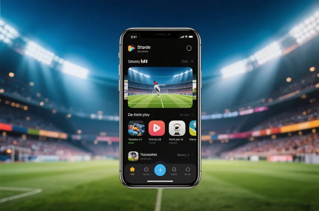 A modern smartphone displaying a clean, high-tech sports streaming interface with vibrant stadium background