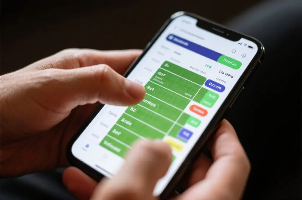 A close-up of a smartphone displaying a live football match schedule with clean UI, fingers interacting with the screen